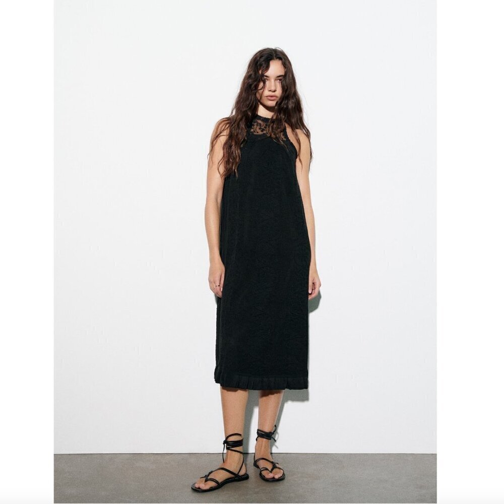 Zara Mixed Knit Cotton Blend Sleeveless Midi Dress NWT Black Size Small